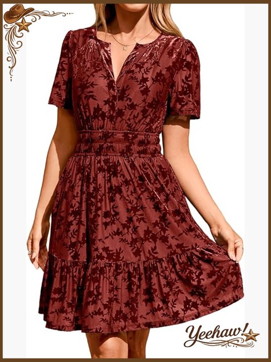 Dresses & Skirts - Velvet Mini Dress with Pockets V-Neck Empire Waist Short Sleeve